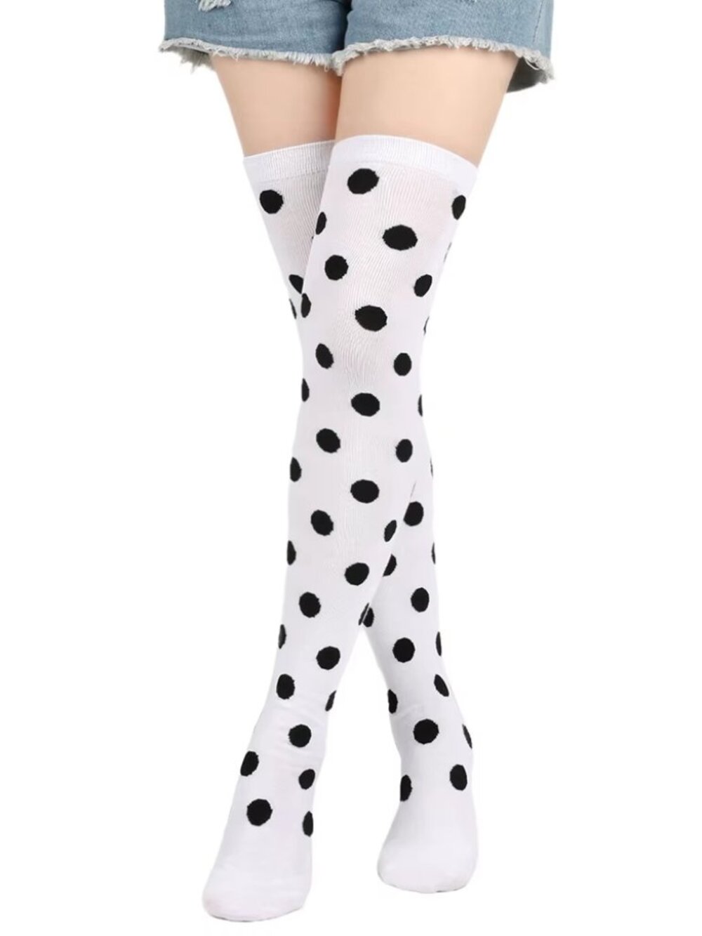 Women's Polka Dot Pattern White with Black Dots Over Knee Thigh High Socks